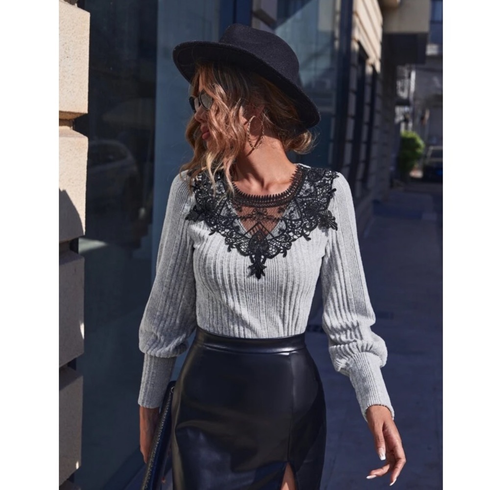 Gray Ribbed Contrast Lace Sweater - Picture 3 of 6